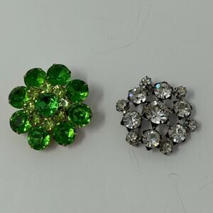 Lot 2 VTG Brooches Costume Jewelry Green Rhinestone Star Signed Clear Rhinestone